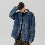 Denim Varsity Jacket Autumn and Winter Design Loose Stitching Turn-down Collar Coat Men's Long-Sleeved Denim Jacket