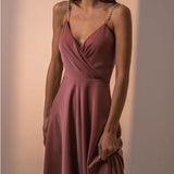 Mauve Dress Summer Solid Satin Pearl Suspender Dress Sexy V-neck Fashion Swing