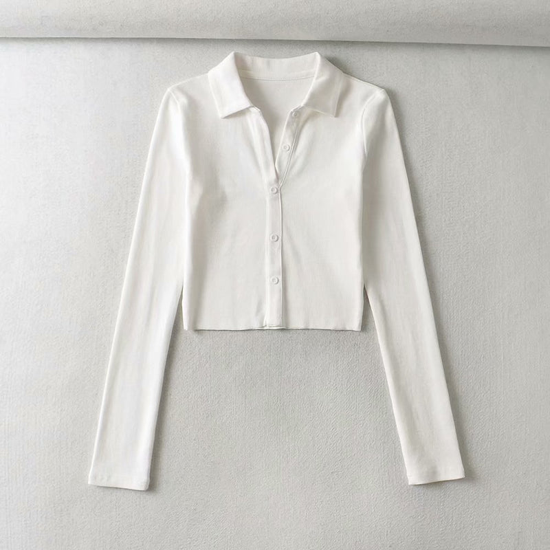 Women Fall Fall Fall Three-Color Polo Collar Long-Sleeved Top Single-Breasted Short T-shirt
