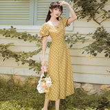 Women Retro Cottagecore Vintage Dress Retro Light Yellow Polka Dot Corsetv Collar Short Sleeve Mid-Length Dress Summer