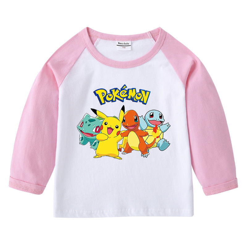 Children Pokemon Pikachu Hoodie Spring and Autumn round Neck Cartoon Long Sleeve T-shirt Cotton