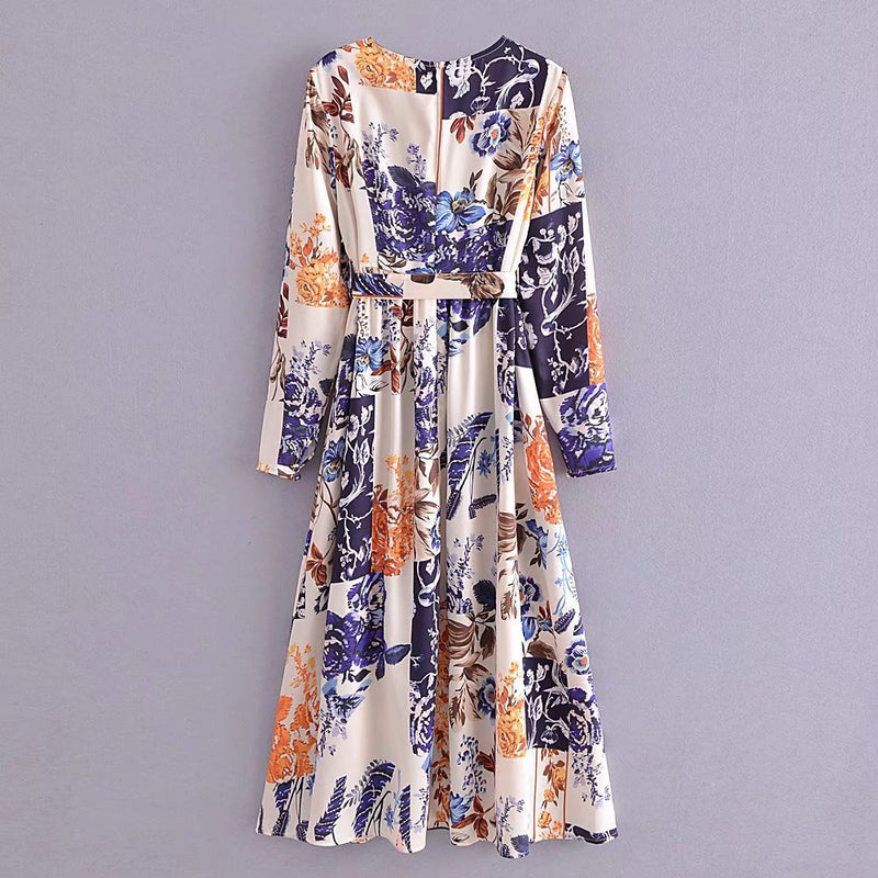 Women Fall Fall Fall Satin Print Waist Belt Dress Waist-Slimming Long Dress