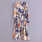 Women Fall Fall Fall Satin Print Waist Belt Dress Waist-Slimming Long Dress