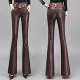 Brown Leather Pants Autumn and Winter Stretch Pants High Slimming Waist Draping Effect Trousers