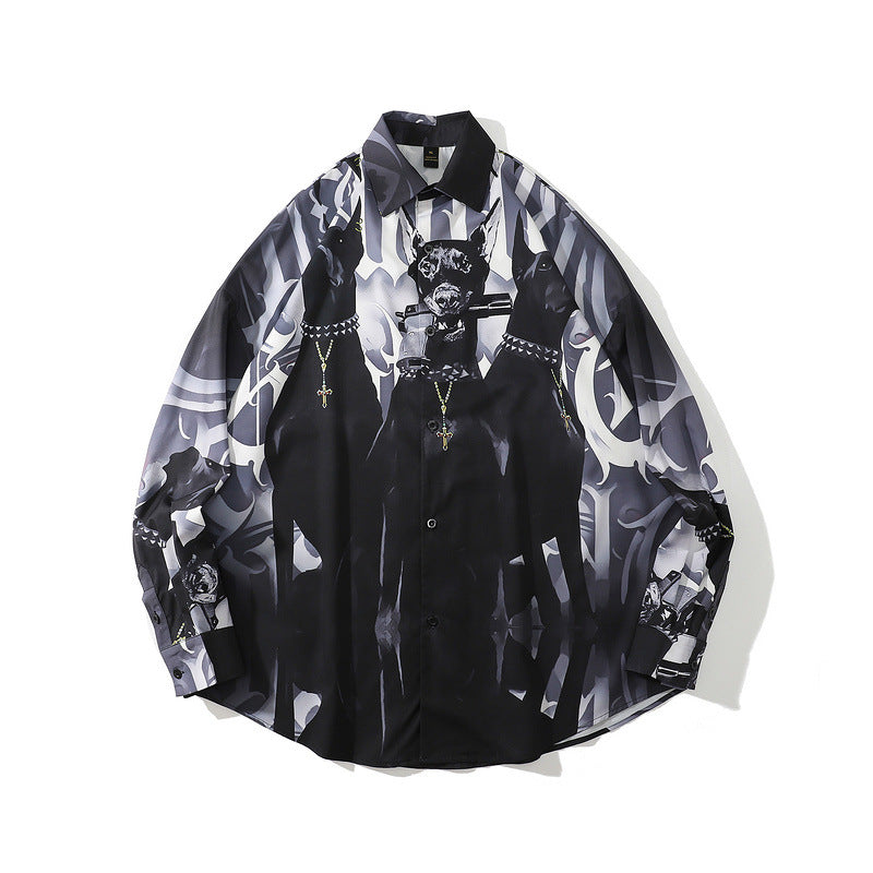 Mens Fall Outfits High Street Doberman Pinscher Digital Printing Long Sleeve Shirt Men's and Women's Hip Hop Bandit Autumn Coat Shirt