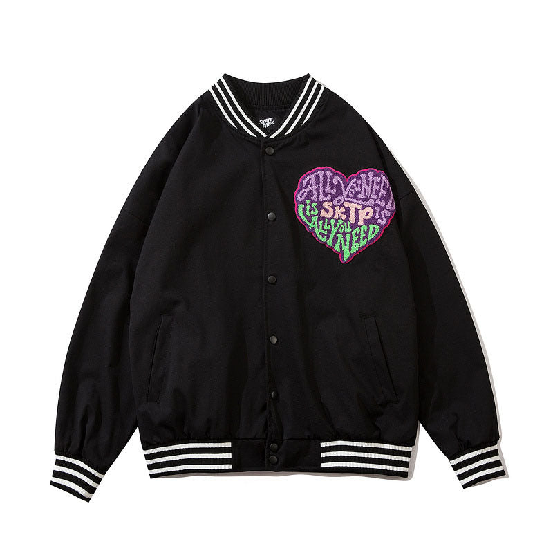 Mens Fall Outfits Autumn and Winter Love Flocking Embroidered Baseball Uniform Couple Jacket High Street Vibe Jacket Men