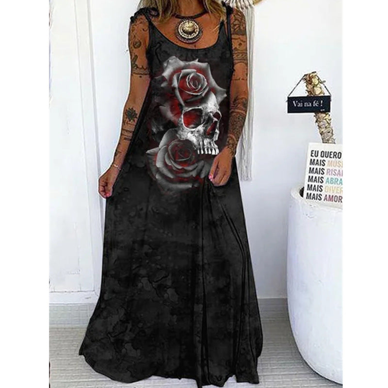 Skull Dress Spring and Summer Women's Clothing Printed Loose plus Size Lace up Dress
