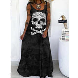 Skull Dress Spring and Summer Women's Clothing Printed Loose plus Size Lace up Dress