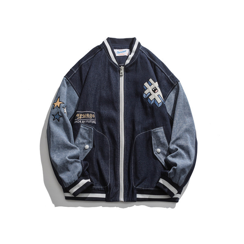 College Jacket Autumn Creative Embroidery Contrast Color Casual Denim Baseball Uniform Boys Loose Top