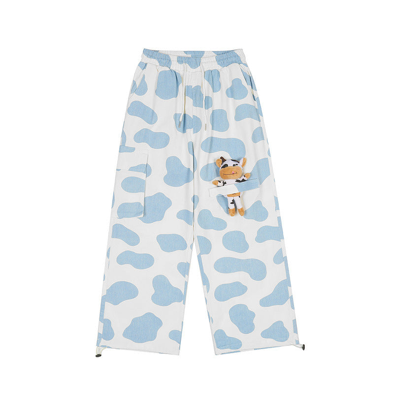 Mens Fall Outfits Flow Vintage Milk Pattern Straight Casual Pants Oldschool Loose Cargo Trousers
