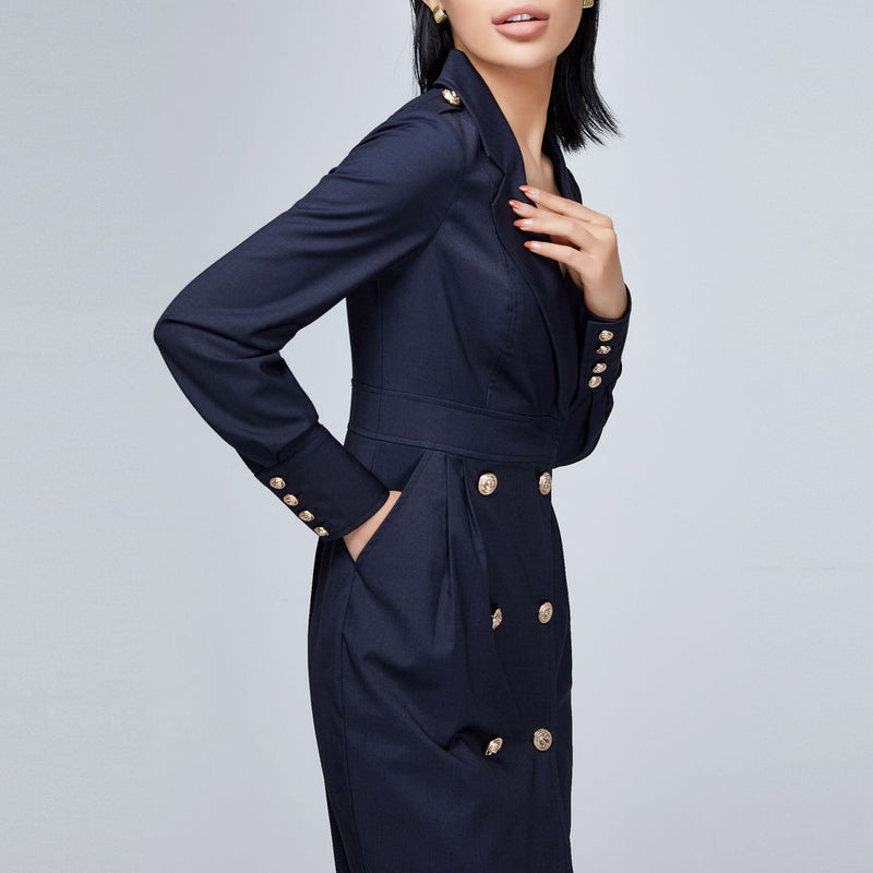Women Spring Dress Suit Midi Dress V-neck Lapel Double Breasted Temperament High Waist Coat Dress