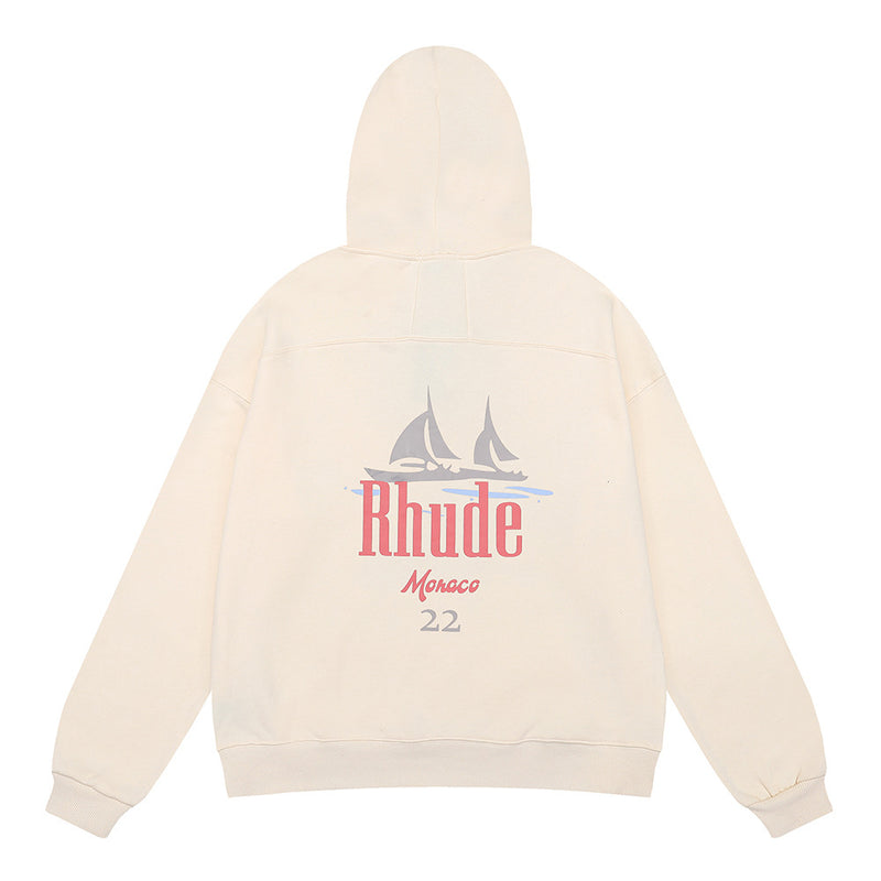 Rhude Hoodie Sailboat Printed Cotton Men and Women Couple Hooded Sweater