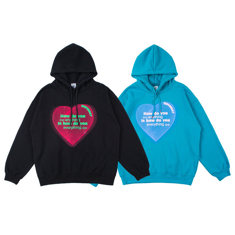 Mens Fall Outfits Letter Heart Printing Design Sense Couple Wear Long Sleeve Hooded Sweater for Men and Women