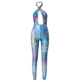 Summer Printed Sexy Backless Gauzy Tight Casual Sports Jumpsuit