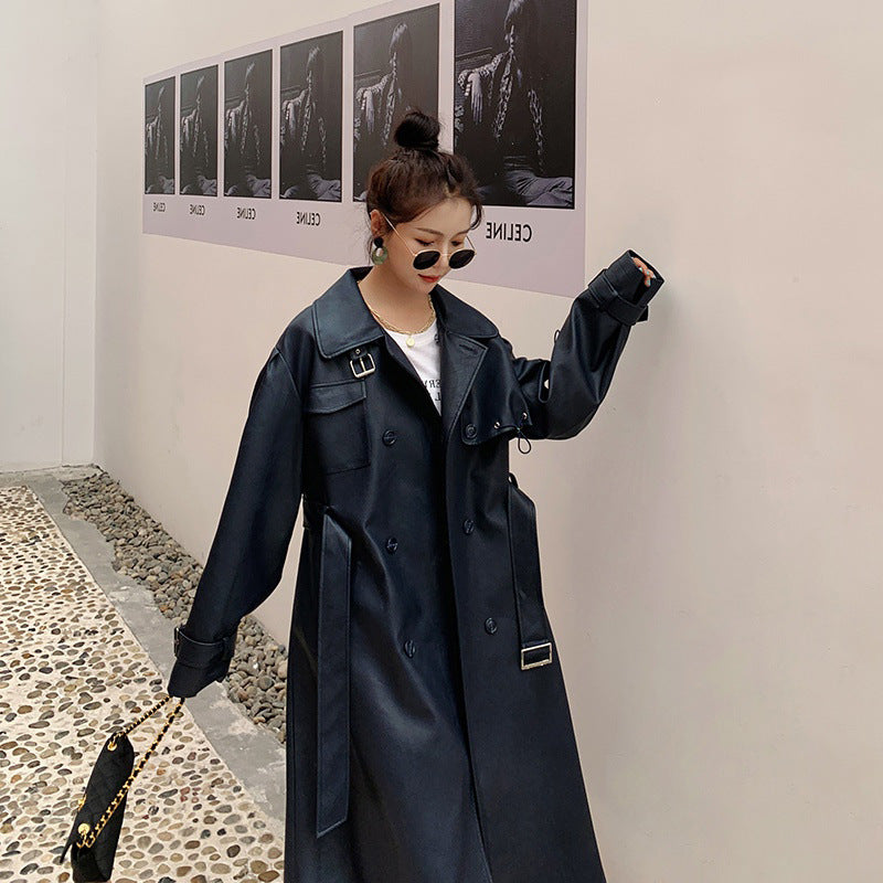 Cute Leather Jacket Autumn And Winter Navy Blue Leather Wind Coat Mid-Length Women'S Elegant British Style Waist Trimming Coat