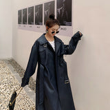 Cute Leather Jacket Autumn And Winter Navy Blue Leather Wind Coat Mid-Length Women'S Elegant British Style Waist Trimming Coat