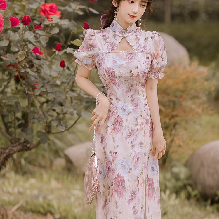 Women Cottagecore Dress Vintage Beaded Floral Cheongsam Dress