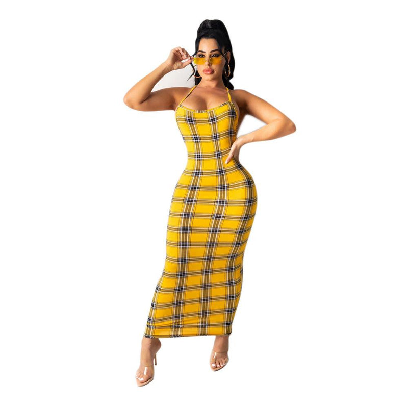 Women Plaid Dress Women Checkered Bodycon Sexy Dresses Printed Sling Lady Sexy Long Dress