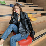 Cute Leather Jacket Loose Slimming Motorcycle Spring and Autumn Leather Coat