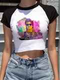 Stranger Things T Shirt Cow Head Print Exposed Navel Black Sleeve Stitching Cartoon T-shirt Sexy