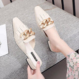 Finn Chain Pointed Toe Mule Closed Toe Half Slippers Women's Summer Outer Wear Pointed Toe Women's Shoes Chunky Heel