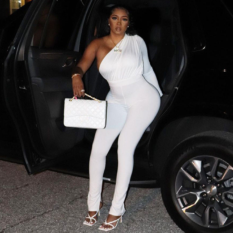 Autumn Solid Color Irregular Diagonal Collar Long Sleeve Tight Casual Trousers Jumpsuit