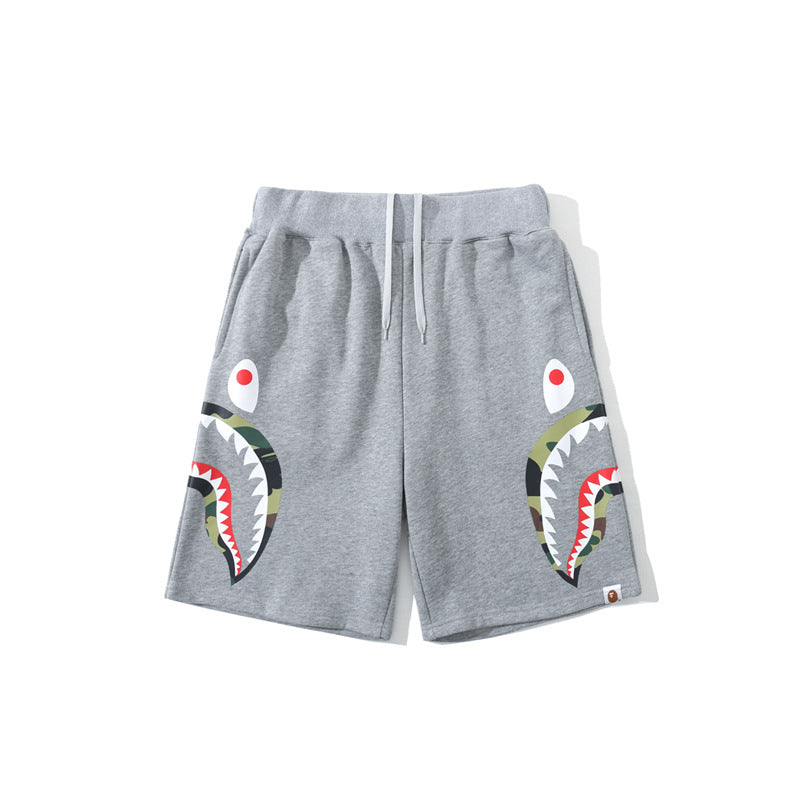 Shark Print Shorts Men's Double Camouflage on Side Shark Head Shorts Camouflage Elastic Waist Fifth Pants Middle Pants Fashion Brand Casual Shorts