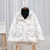 Women Winter Coats Puffer Jacket Down Coat Down Jacket Women's Glossy Short Wash-Free Turtleneck Print Winter White Duck Down