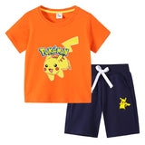 Children Pokemon Pikachu Hoodie T-shirt Shorts Two-Piece Suit Cotton