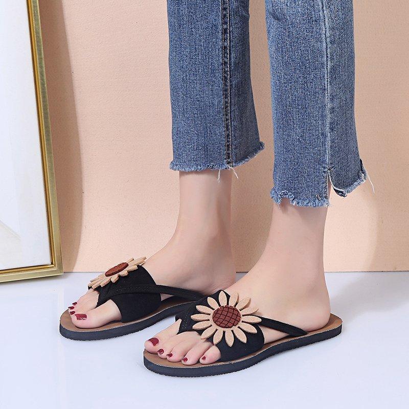 Women Open Toe Sandals Flats Summer Flower Flip Flops Casual Beach Slippers