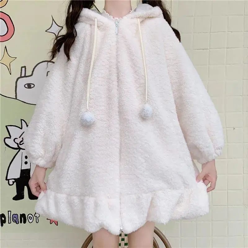 Women Winter Coats Jacket Long-Sleeved Hooded Ruffled Lamb Wool Cute Japanese Style Coat