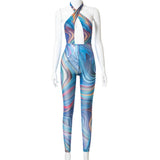 Summer Printed Sexy Backless Gauzy Tight Casual Sports Jumpsuit