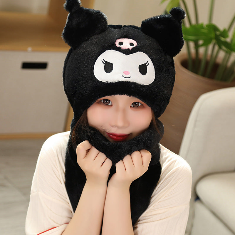 My Melody Hat Cartoon Autumn and Winter Hooded Scarf Gloves Female Cute Melody Fashionable Warm Scarf and Hat One  Kulomi