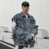 Men Denim Coat Jean Jackets Detachable Cuff Stitching Denim Clothes Jacket Men's Loose Lapels Two-Way Wear Vest Coat