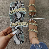 Women Open Toe Sandals Flats Summer Snake Pattern One-Word Metal Chain Sandals for Women