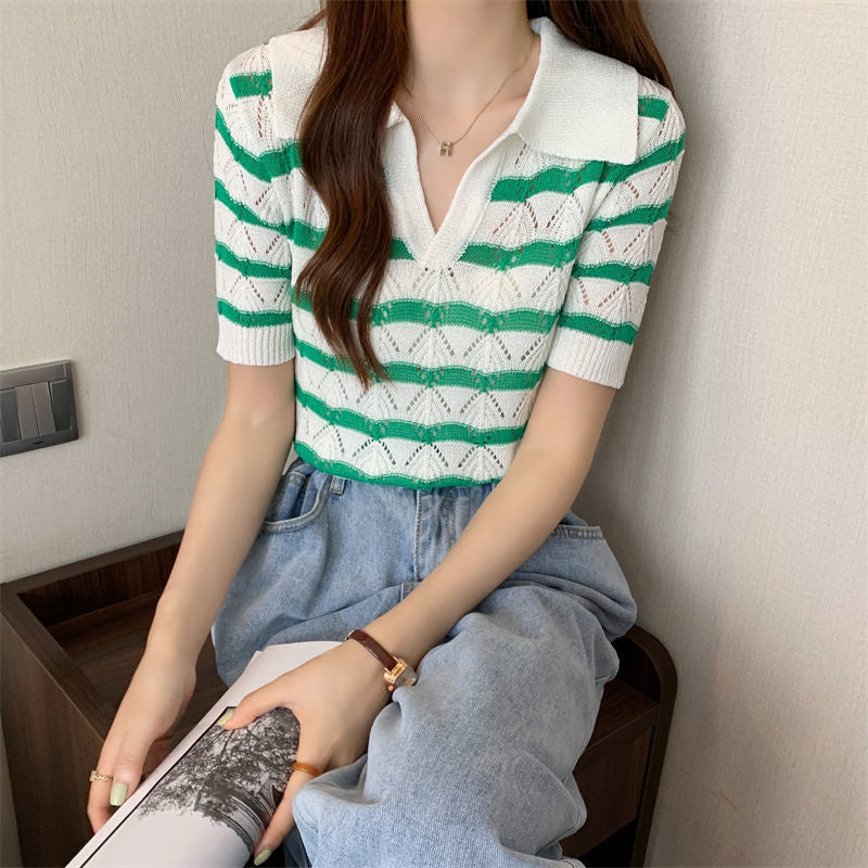 Preppy Aesthetic Sweater Green Striped V-neck Summer Short Sleeve Sweater