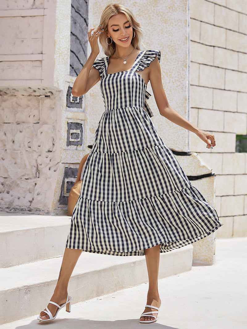 Gingham Dress Mid-Waist Strap Type Printed Black Cotton Midi Dress