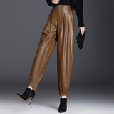 Brown Leather Pants Elastic Waist Harem Pants Autumn and Winter Casual Pants Thin Velvet High Waist Thin Baggy Pants