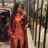 Homecoming Dresses Tight Autumn and Winter Printing See-through Stand-up Collar Long Sleeve Mid-Waist Stitching Hip Sexy Dress