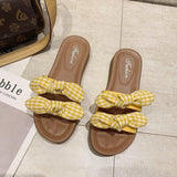 Women Open Toe Sands Flats Summer Plaid Bow Word Fashion Flat-Heeled Slippers