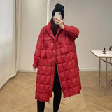 Women Winter Coats Puffer Jacket Down Coat Plaid Stand Collar Mid-Length Female White Duck Down Jacket