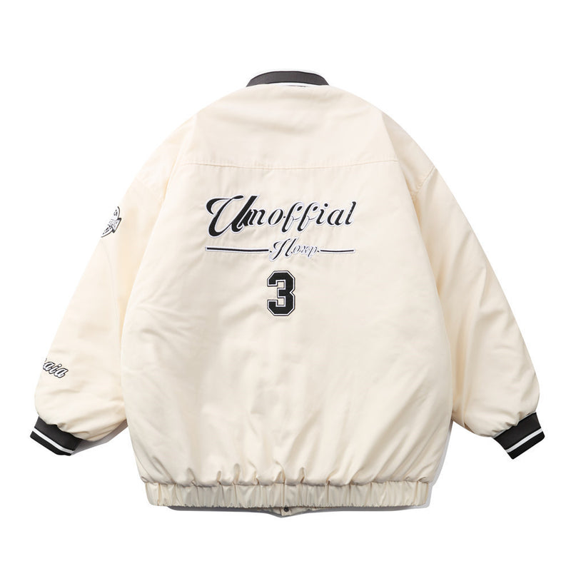 Beige Varsity Jacket Letter Embroidery Quilted Jacket Men Loose Street Stand Collar Baseball Uniform Cotton Coat Jacket