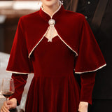Burgundy Dresses For Wedding Winter Thick Style Red Velvet Long Sleeves Engagement Wedding Dress For Women