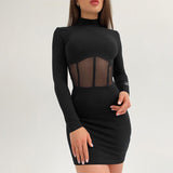 Winter Formal Dresses Letter Crew Neck Short Long Sleeve Splicing Package Hip Skirt Autumn and Winter Dress