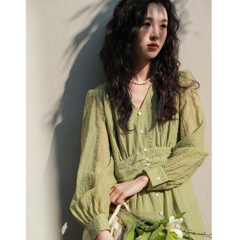 Aesthetic Dress Spring French Retro Dress Women's Green Long Dress V-neck