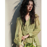 Aesthetic Dress Spring French Retro Dress Women's Green Long Dress V-neck