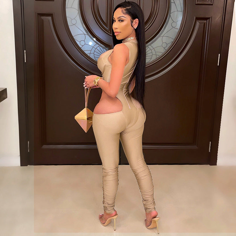 Summer Solid Color Stitching Sleeveless Sexy Tight Trousers Jumpsuit