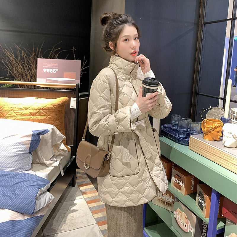 Women Winter Coats Puffer Jacket Down Coat Stand-up Collar Cinched Lacing Mid-Length Lightweight Down Jacket Female