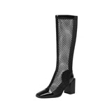 Nude Block Heel Peep Toe Chunky Heel High Heel Shoes Mesh Zipper Sandal Boots