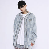 Men Denim Coat Jean Jackets Letter Print Plaid Denim Jacket Men's Washed Loose V-neck Cardigan Denim Jacket